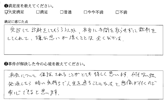 本当に手間を取らせずに裁判をしてくれて、嫌な思いが湧くことは全くなかった