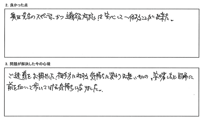 奥田先生のスピーディーかつ適確な対応は安心して一休することが出来た